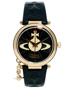 Vivienne Westwood Leather Strap Watch With Orb Charm Vv006bkgd - Black And Gold