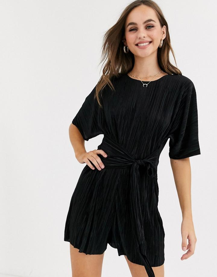 Asos Design Plisse Tie Front Short Sleeve Romper-black