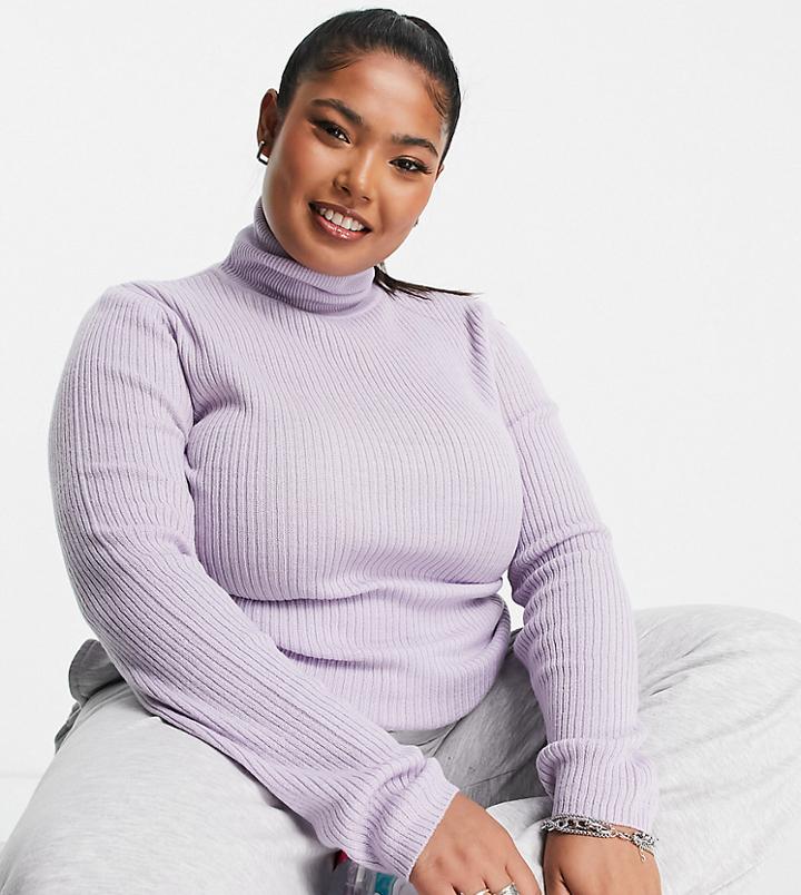 Collusion Plus Ribbed Turtle Neck Sweater In Lilac-purple