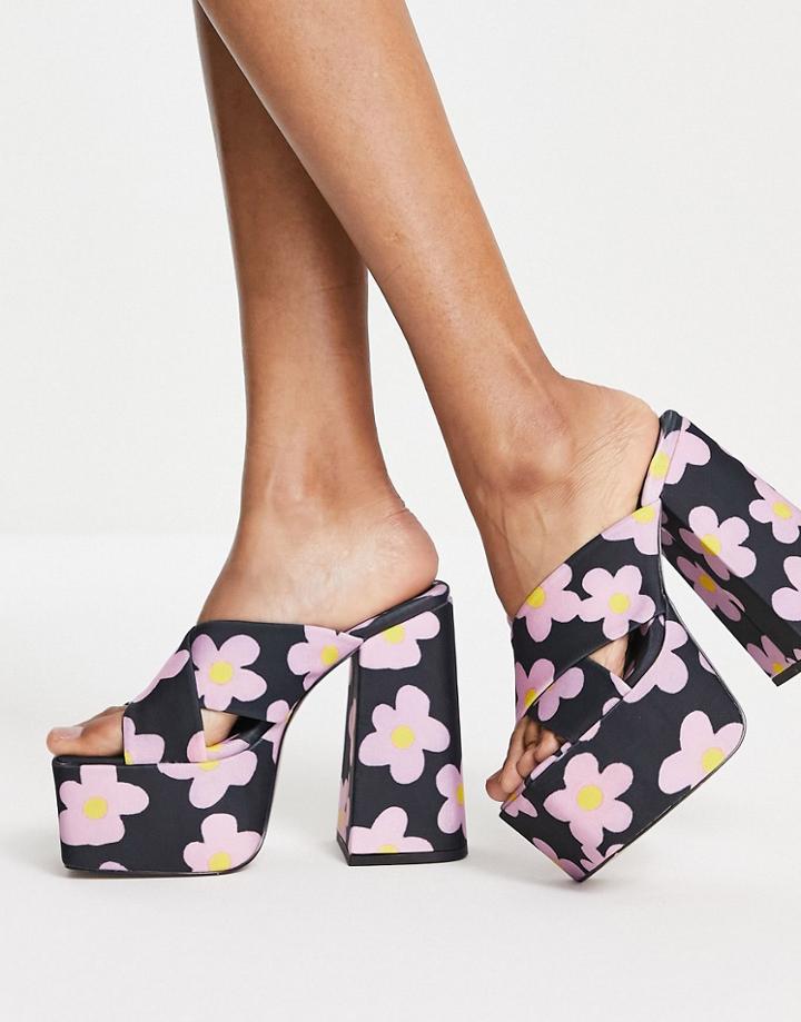 Asos Design Nana Platform Heeled Mules In Daisy Print-multi