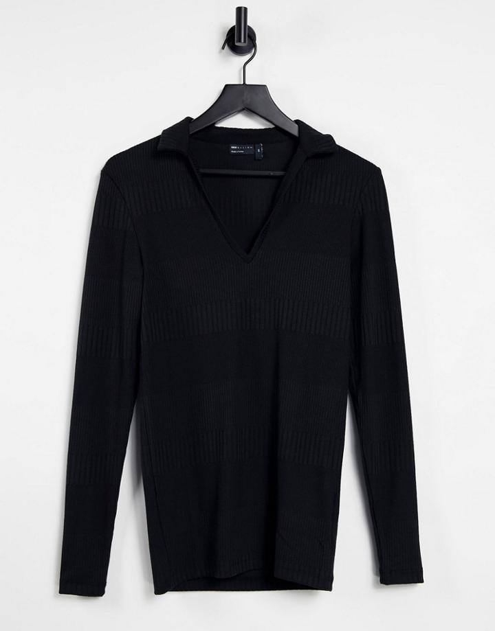 Asos Design Muscle Fit Fancy Rib Polo With Deep V In Black