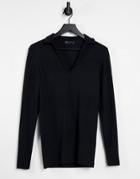 Asos Design Muscle Fit Fancy Rib Polo With Deep V In Black