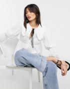 Asos Design Textured Cotton Blouse With Collar And Tie Neck Detail In Ivory-white