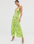 Asos Design Green Floral Cami Jumpsuit With Gathered Bodice - Multi