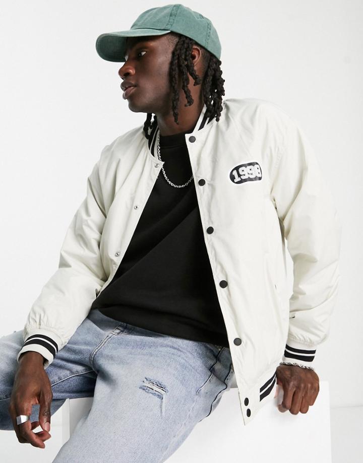Bershka Varsity Bomber Jacket In Ecru-neutral