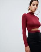 Prettylittlething Cut Out Roll Neck Top In Burgundy - Red