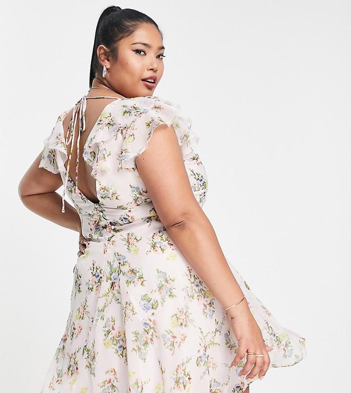Asos Design Curve Frill Neck Mini Dress With Flare Skirt In Pink Floral Print-multi