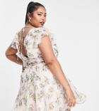 Asos Design Curve Frill Neck Mini Dress With Flare Skirt In Pink Floral Print-multi