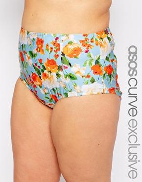 Asos Curve Exclusive Highwaist Bikini Bottom In Summer Rose Print - Multi