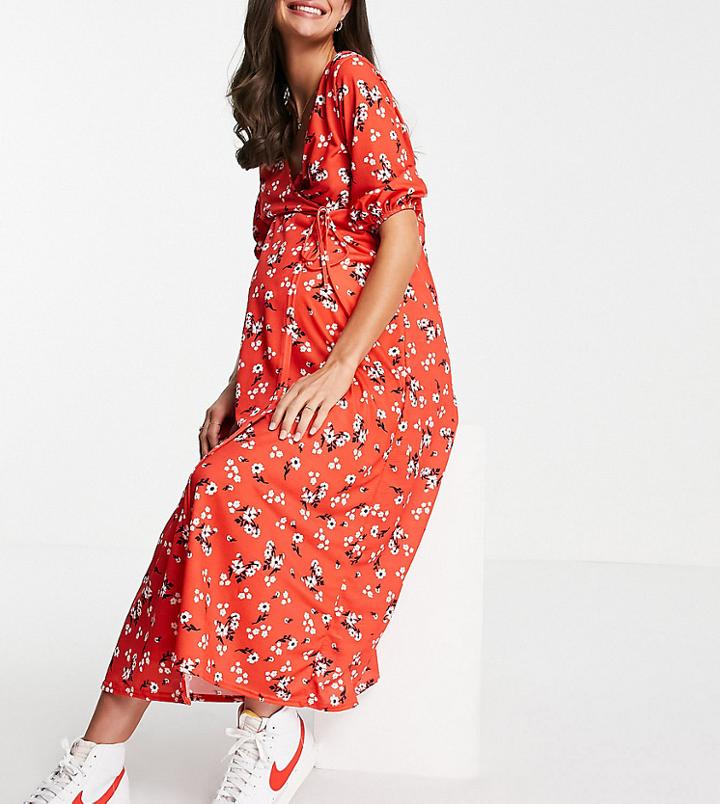 Asos Design Maternity Wrap Front Midi Dress In Red Floral Print-multi