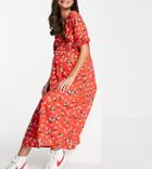 Asos Design Maternity Wrap Front Midi Dress In Red Floral Print-multi