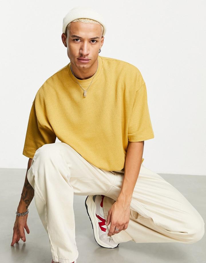 Asos Design Oversized Lightweight Waffle T-shirt In Mustard-yellow