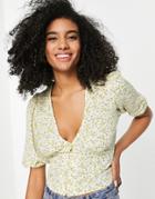 Asos Design Button Front Tea Blouse With Volume Sleeves And Tie Back Detail In Yellow Ditsy Print-multi