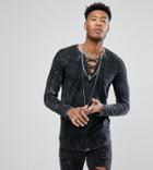 Asos Tall Longline Long Sleeve T-shirt In Subtle Acid Wash With Lace Up Neck In Black - Black