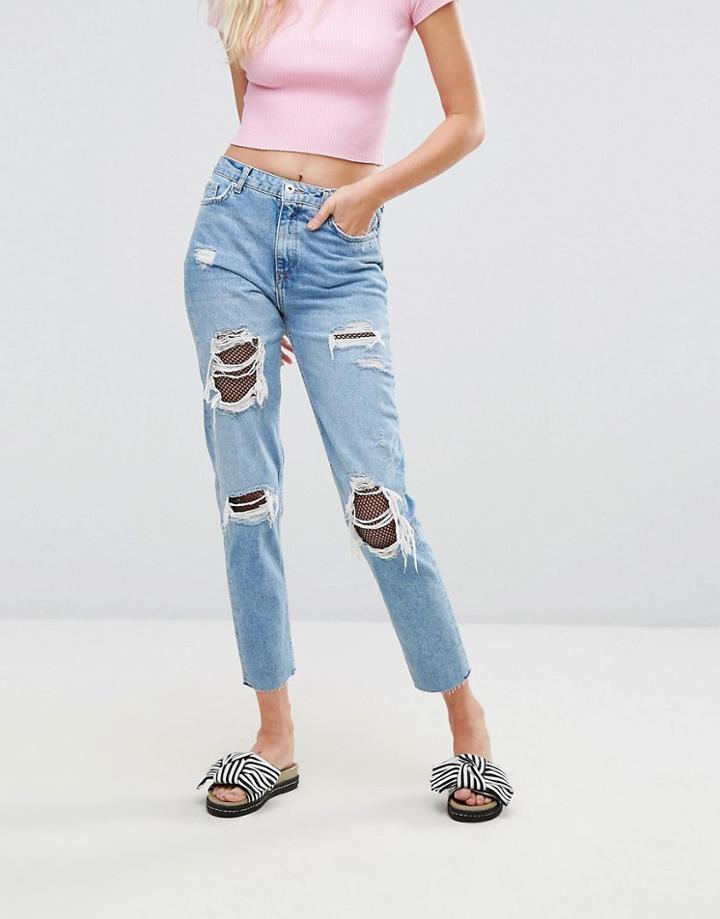 Bershka Distressed Fish Net Mom Jean - Blue