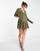 Asos Design Long Sleeve Tux Pleated Skater Mini Dress In Khaki-green