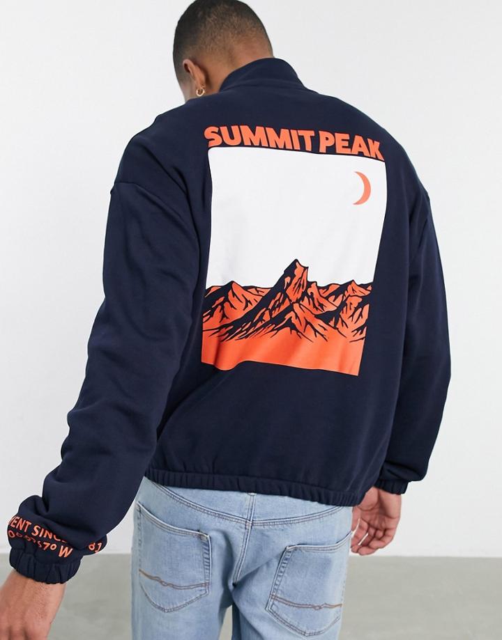 Asos Design Oversized Half Zip Sweatshirt With Mountain Back Graphic-navy