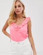Esprit Broderie V Neck Tie Front Top In Coral Pink - White