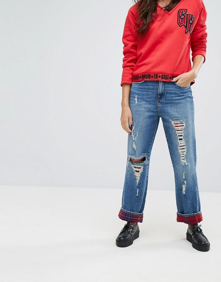Gigi Hadid High Waist Cropped Straight Leg Jean With Plaid Detail - Blue