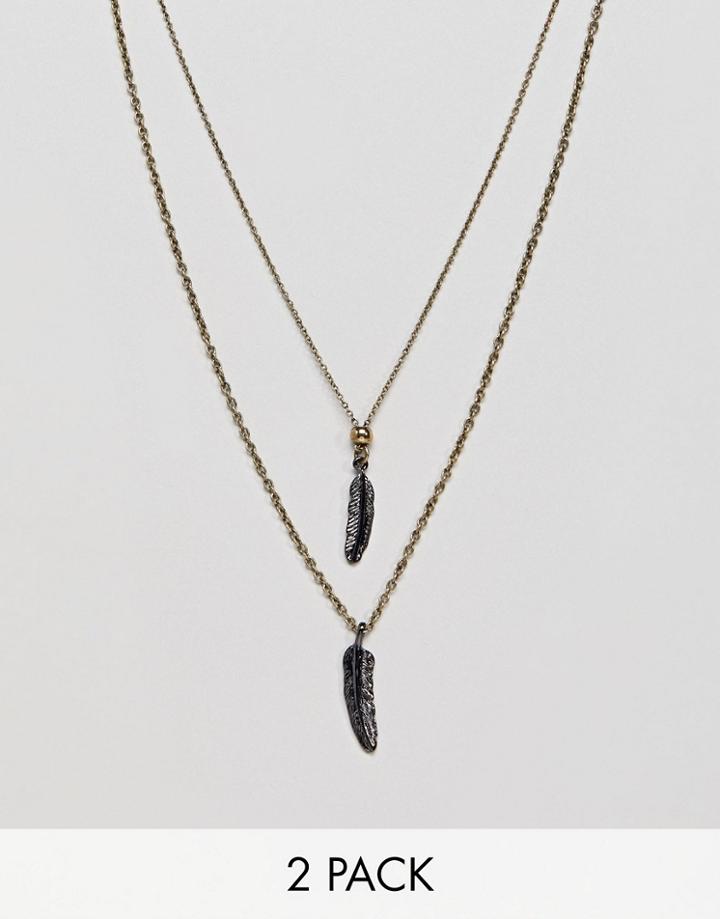 Icon Brand Burnished Gold & Silver Feather Pendant Necklace In 2 Pack Exclusive To Asos - Multi