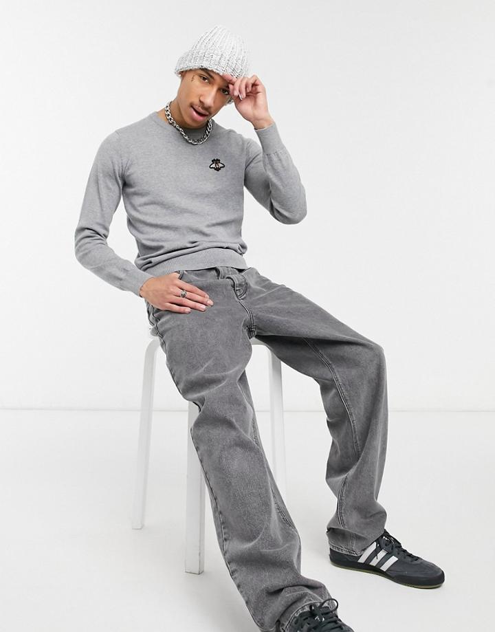 Devils Advocate Embroidered Bee Fitted Crew Neck Sweater-grey