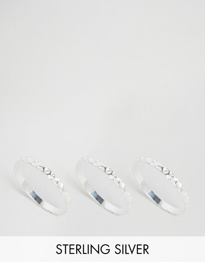 Asos Sterling Silver Pack Of 3 Hammered Rings - Silver