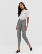 Qed London Paperbag Waist Peg Pants In Houndstooth With Neon Yellow Check-multi