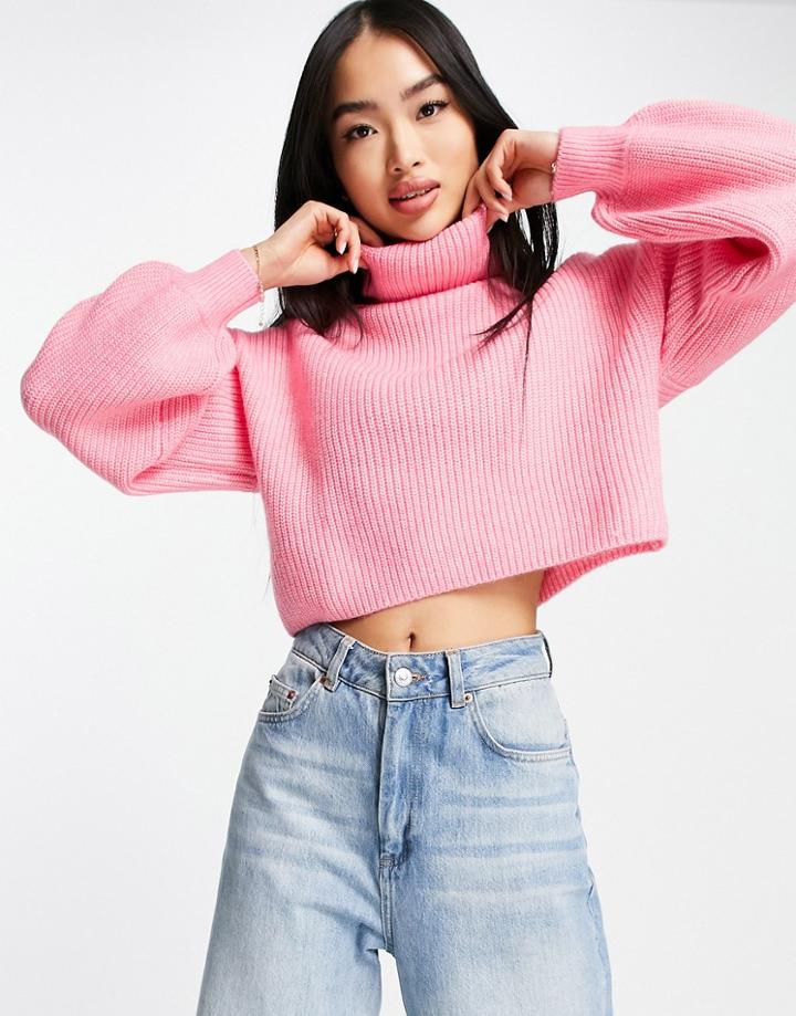 Monki Cropped Knitted High Neck Sweater In Bright Pink