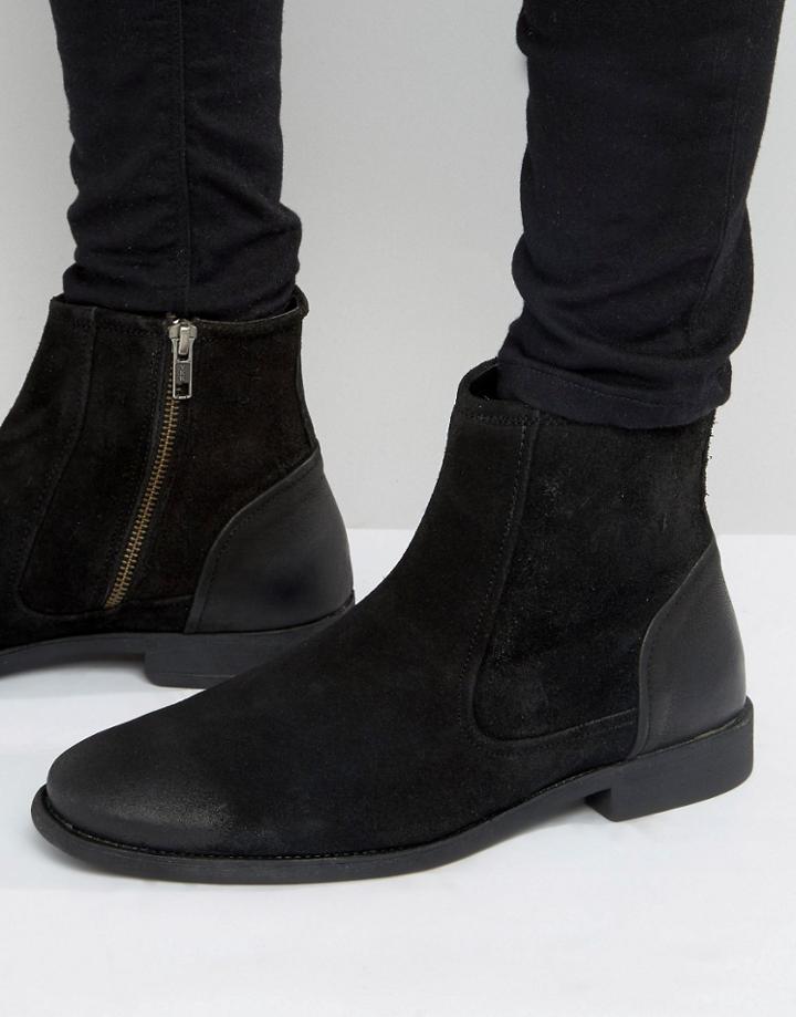 Asos Chelsea Boots In Black Suede With Leather Heal Detail - Black