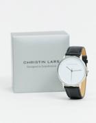 Christin Lars Black Leather Watch With White Dial