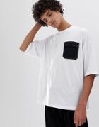 Asos Design Oversized T-shirt With Half Sleeve And Pocket With Contrast Stitching - White
