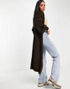 Femme Luxe Knitted Long Line Cardigan In Chocolate-brown