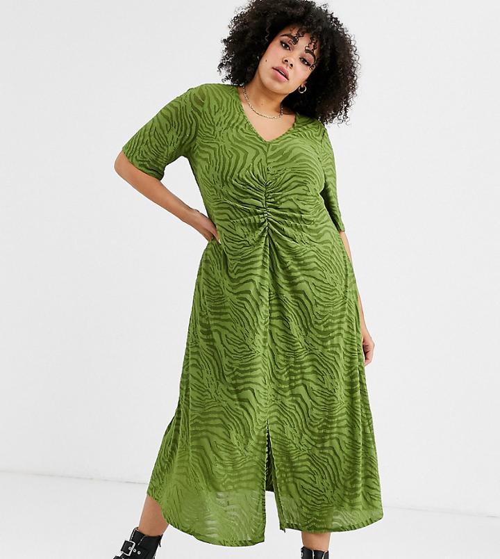 Asos Design Curve Zebra Burnout Ruched Waist Midi Dress-green