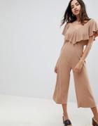 Asos Design Jumpsuit In Rib Jersey With Overlay Detail-tan