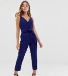 Asos Design Petite Wrap Front Jumpsuit With Peg Leg And Self Belt - Navy