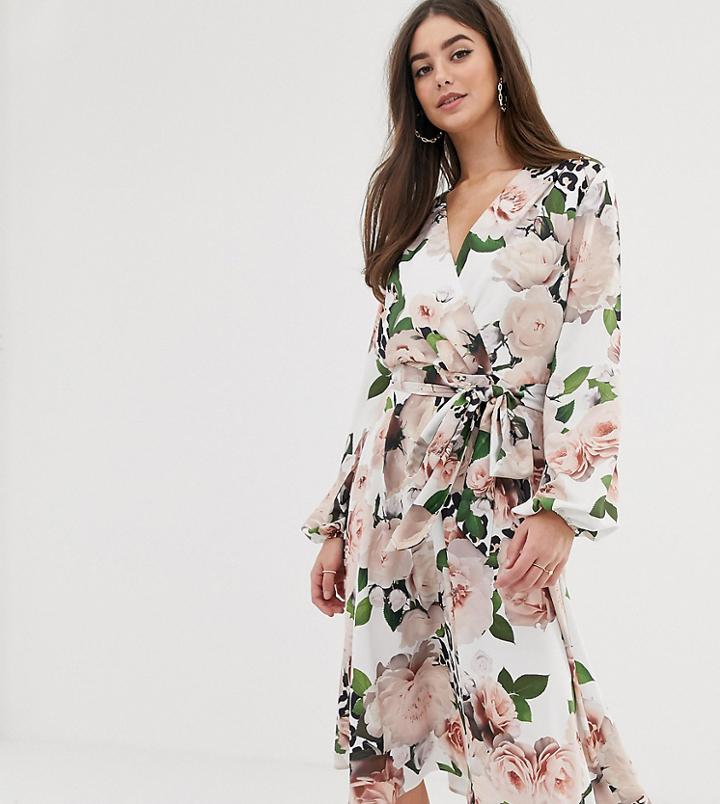 Flounce London Tall Satin Wrap Midi Dress In Floral Print - Multi