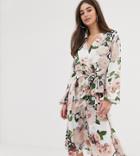 Flounce London Tall Satin Wrap Midi Dress In Floral Print - Multi