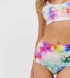 Monki High Waist Bikini Bottoms In Rainbow Tie Dye-white