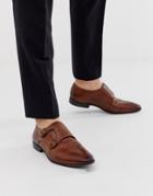 Asos Design Monk Shoes In Brown Leather With Lizard Effect-black