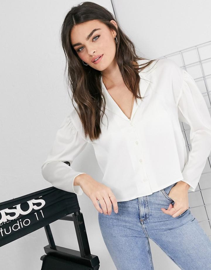 Asos Design Volume Sleeve Satin Shirt In Cream-white