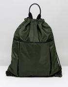 Asos Drawstring Backpack In Khaki With Front Pockets - Green