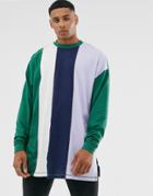 Asos Design Organic Oversized Super Longline Long Sleeve T-shirt With Vertical Color Block In Green - Green