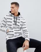 Hollister Color Block All Over Logo Print Hoodie In White - White