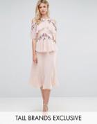 Frock And Frill Tall Floral Embroidered Cold Shoulder Tiered Midi Dress With Open Back Detail - Pink