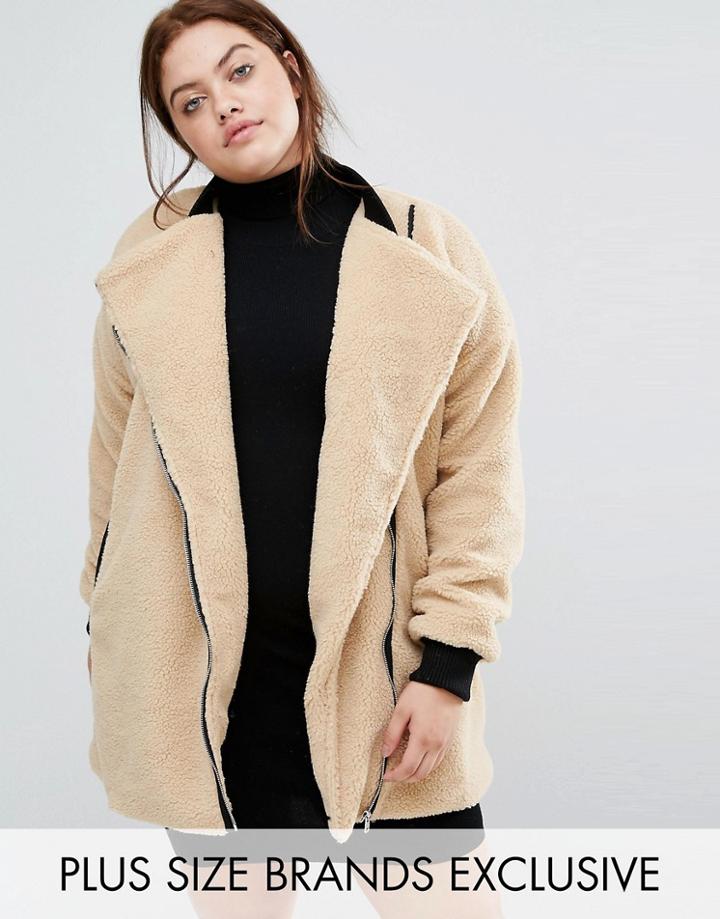 One Day Plus Allover Faux Shearling Longline Biker Jacket - Black