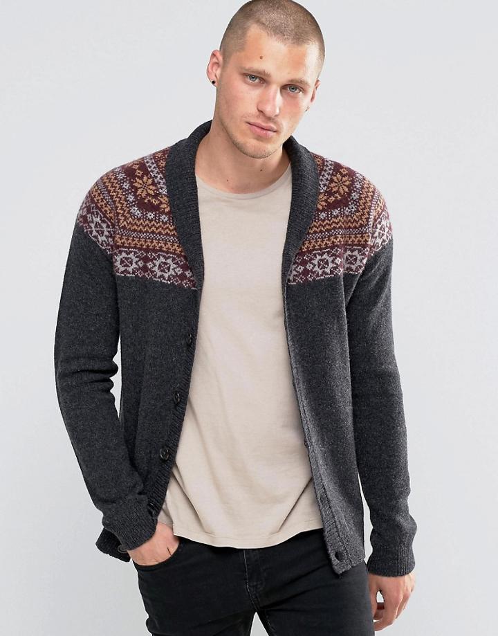 Asos Lambswool Rich Shawl Neck Cardigan With Yoke Fairisle - Gray
