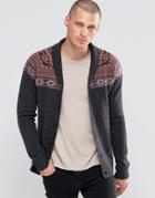 Asos Lambswool Rich Shawl Neck Cardigan With Yoke Fairisle - Gray