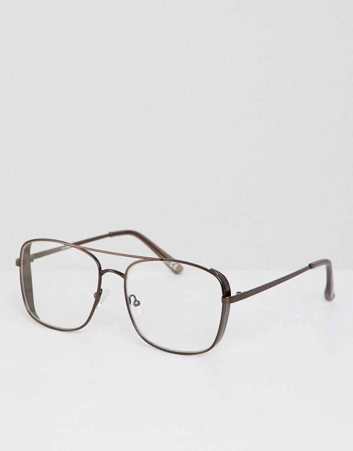 Asos Design Navgiator Glasses In Chocolate Metal With Clear Lens - Brown