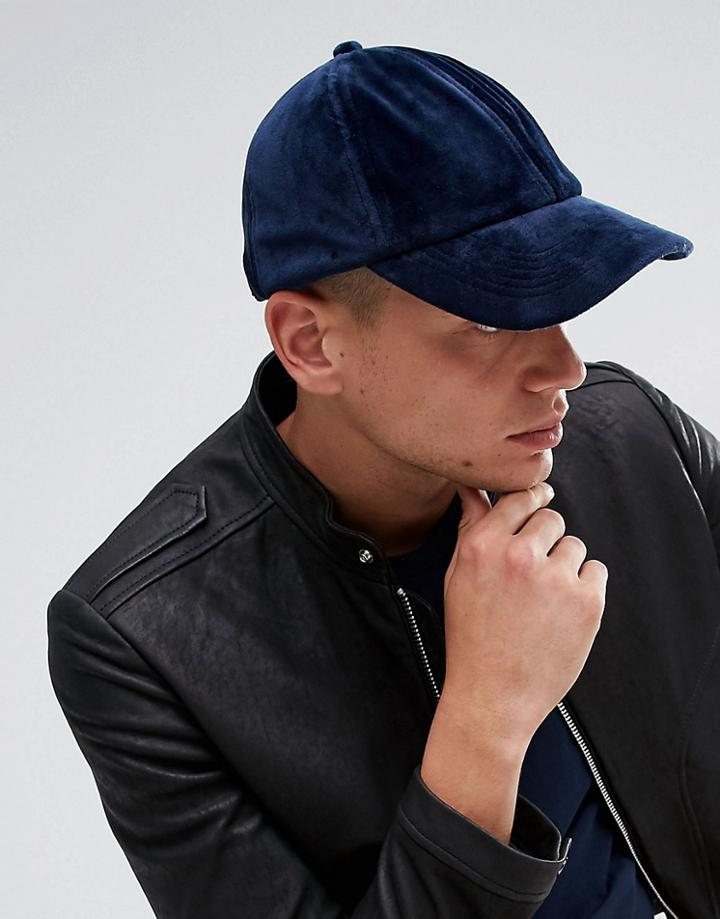 Asos Baseball Cap In Navy Velour - Blue