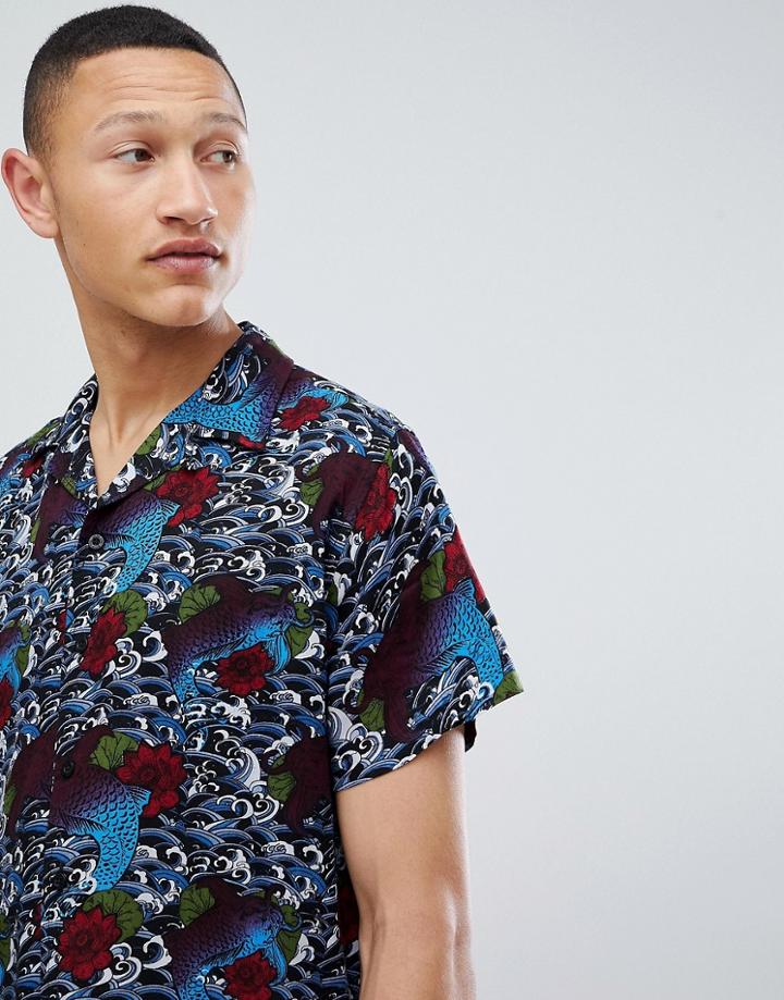 Brave Soul Short Sleeve Tattoo Print Shirt With Revere Collar - Navy